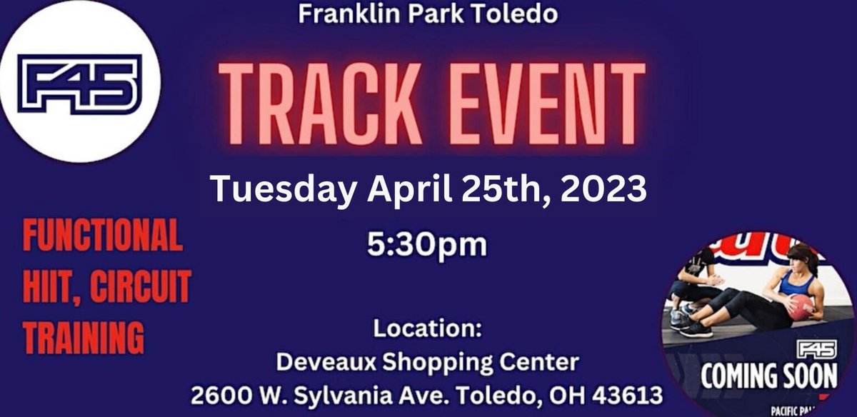F45FranklinPark's tweet image. Join us Tuesday 4/25 5:30p at Deveaux Shopping Center (next to Cedar Creek) for a free workout. Limited spots available so book now! Register at eventbrite.com/e/619826436557

#F45 #F45Training #F45Track #Freefitnessclass #toledo #toledofitness #franklinpark #franklinparkmall