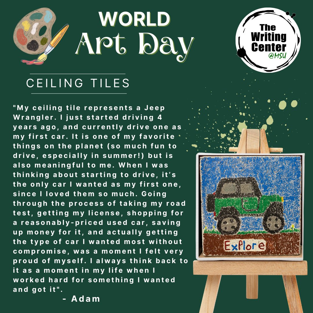 We are celebrating World Art Day by featuring our Staff's amazing Art Work on our Writing Center Ceiling Tiles.

#worldartday #art #painting #artists #msu #michiganstate #writing #writingcenter #msuwritingcenter