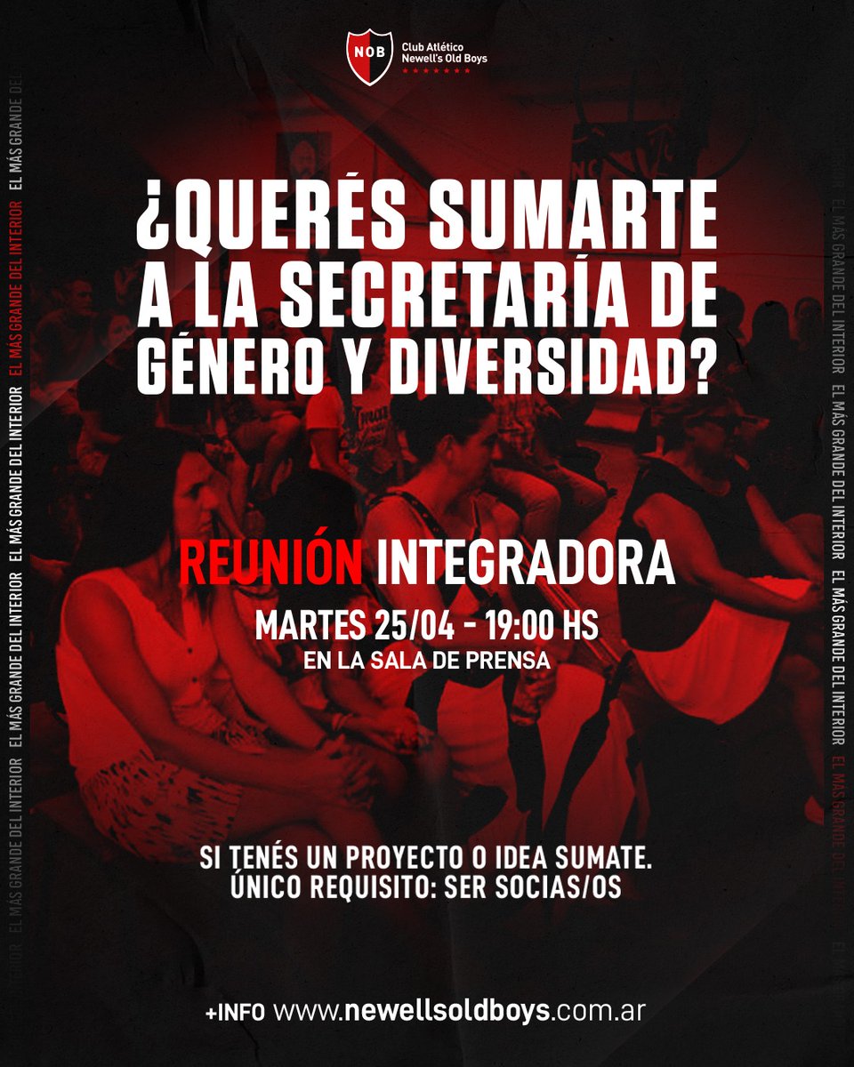 NewellSocios's tweet photo. ¡Sumate a la Secretaría de Género y Diversidad! ✊🏼

El próximo martes ➡️ reunión integradora para socias y socios.

📍 Sala de prensa (sede Parque Independencia). https://t.co/2ztb7VEOtj