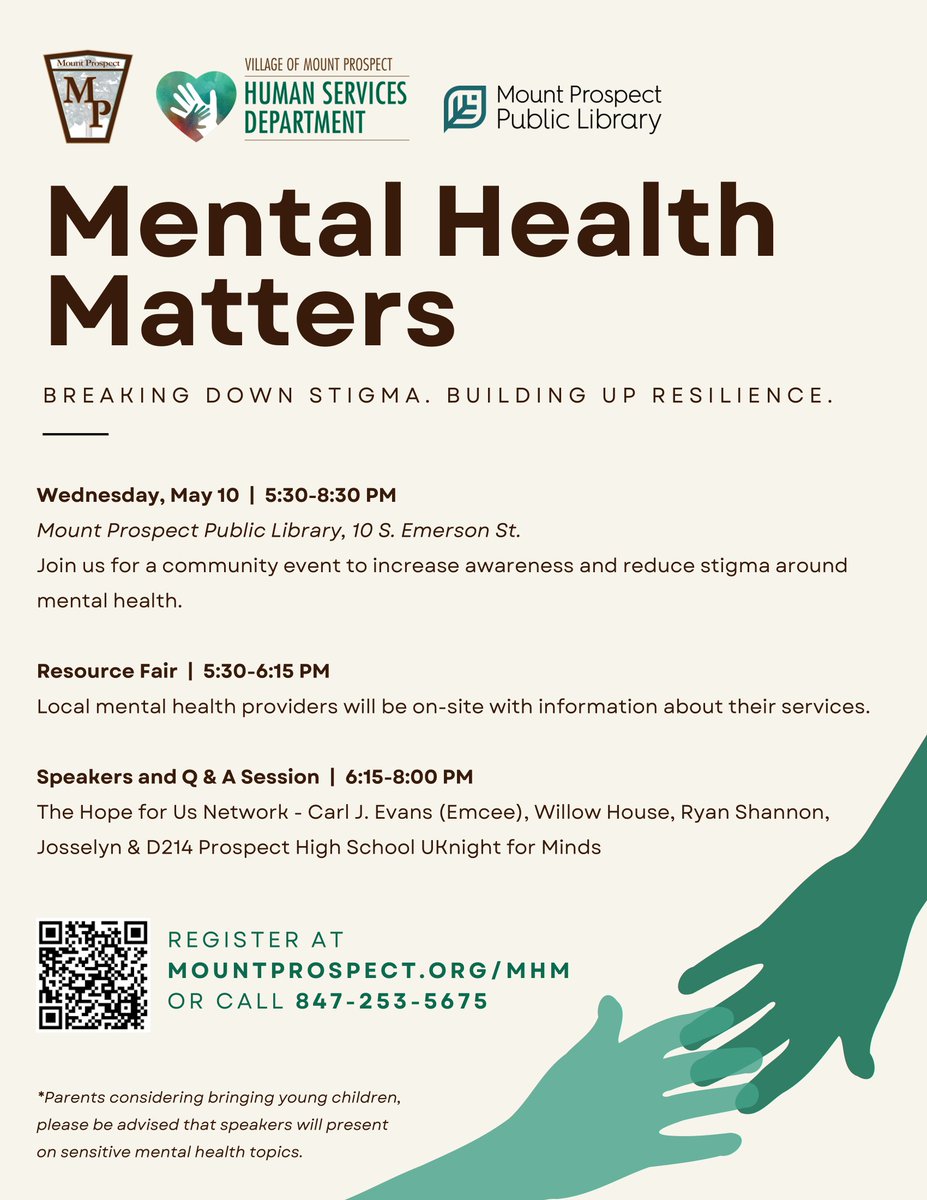 Elk Grove Township (@egtownship) on Twitter photo Join <a href="/MountProspect/">Mount Prospect</a>'s Human Services Department on May 10 at 5:30 p.m. at <a href="/MPPLib/">Mount Prospect Public Library</a> for a community event to increase awareness and reduce stigma surrounding mental health. Register by calling 847-253-5675 or scanning the QR below. Learn more at mountprospect.org/mhm. Join <a href="/MountProspect/">Mount Prospect</a>'s Human Services Department on May 10 at 5:30 p.m. at <a href="/MPPLib/">Mount Prospect Public Library</a> for a community event to increase awareness and reduce stigma surrounding mental health. Register by calling 847-253-5675 or scanning the QR below. Learn more at mountprospect.org/mhm.