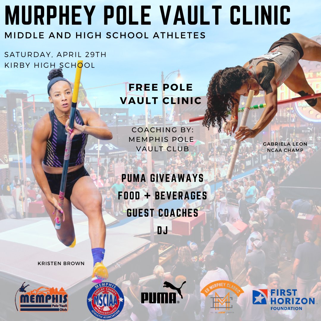 Interested in pole vault???  <a href="/MurpheyClassic/">Ed Murphey Classic</a> FREE pole vault clinic for MSCS Grades 6-12 Sat. 4/29 
50 slots first-come first-served Register: forms.gle/GaAKXr3QqVAbiQ… Professional pole vaulters Kristen Brown and <a href="/gabi_leon21/">Gabriela Leon</a> will be there! Details: edmurpheyclassic.com/polevault-clin…