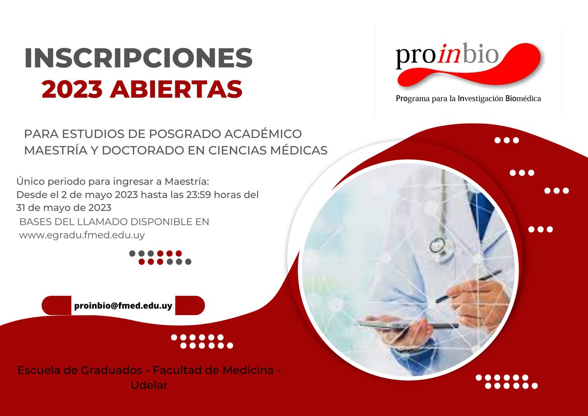 fmedoficial (@fmedoficial) on Twitter photo Se encuentra abierta la convocatoria para estudios de posgrado académico de Maestría y Doctorado en Ciencias Médicas de <a href="/ProinbioFMed/">Pro.In.Bio. UdelaR</a>
El periodo de ingreso será del 2/5 al 31/5.
Bases y más información en:
egradu.fmed.edu.uy Se encuentra abierta la convocatoria para estudios de posgrado académico de Maestría y Doctorado en Ciencias Médicas de <a href="/ProinbioFMed/">Pro.In.Bio. UdelaR</a>
El periodo de ingreso será del 2/5 al 31/5.
Bases y más información en:
egradu.fmed.edu.uy