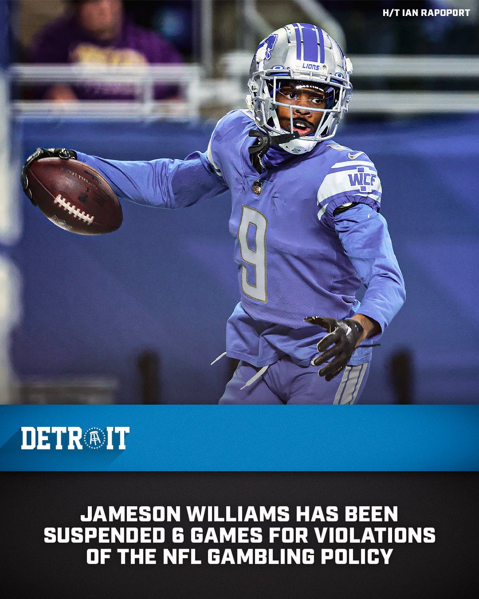 BREAKING: Jameson Williams has been suspended for six games for NFL gambling violations. Quintez Cephus and CJ Moore have also been released.