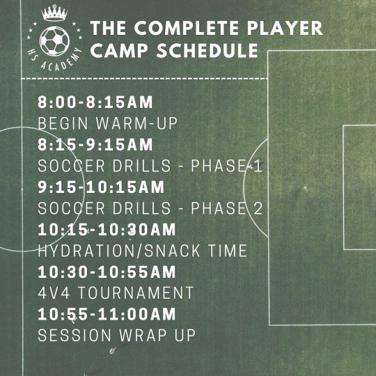 hssocceracademy's tweet photo. ‼️Summer Camp Announcement‼️
-
Our Camps will be held at Windhaven Park in Plano and include free snacks, Gatorade, and a camp shirt🔥You can select one single camp or do a full day which is both camps⚽️ DM us if you have any questions!
-
#soccertraining #hssocceracademy https://t.co/TYe3vTmEzL