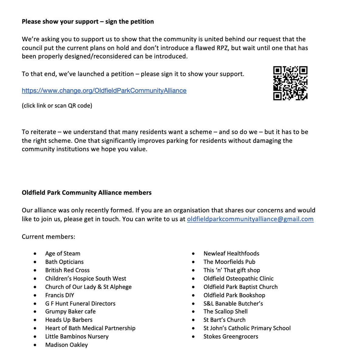 A statement from us regarding the council's plans for a residents' parking zone in Oldfield Park