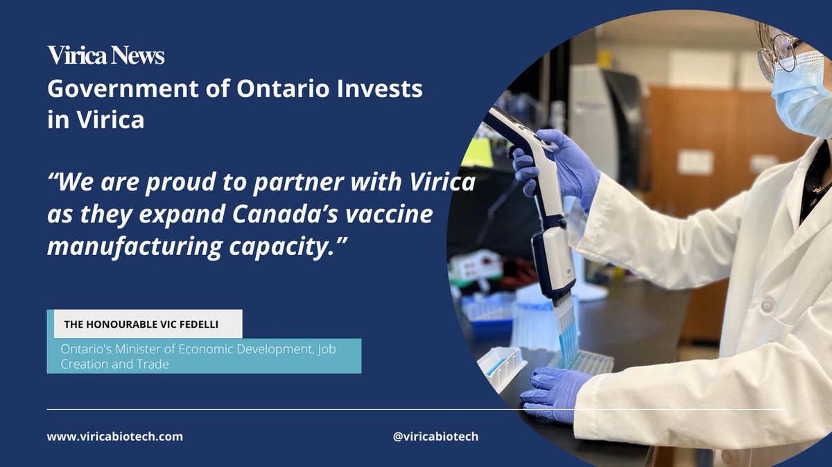 Virica Biotech (@viricabiotech) on Twitter photo Good news, Virica is Growing!
Thankful for support from the Ontario Together Fund #MEDJCT. This investment accelerates the expansion of our #biomanufacturing capacity. #innovation Minister <a href="/VictorFedeli/">Victor Fedeli</a> <a href="/ellabizdev/">Ella Korets-Smith</a>
<a href="/HeartInstitute/">Heart Institute</a>
Full press release rb.gy/oifss Good news, Virica is Growing!
Thankful for support from the Ontario Together Fund #MEDJCT. This investment accelerates the expansion of our #biomanufacturing capacity. #innovation Minister <a href="/VictorFedeli/">Victor Fedeli</a> <a href="/ellabizdev/">Ella Korets-Smith</a>
<a href="/HeartInstitute/">Heart Institute</a>
Full press release rb.gy/oifss