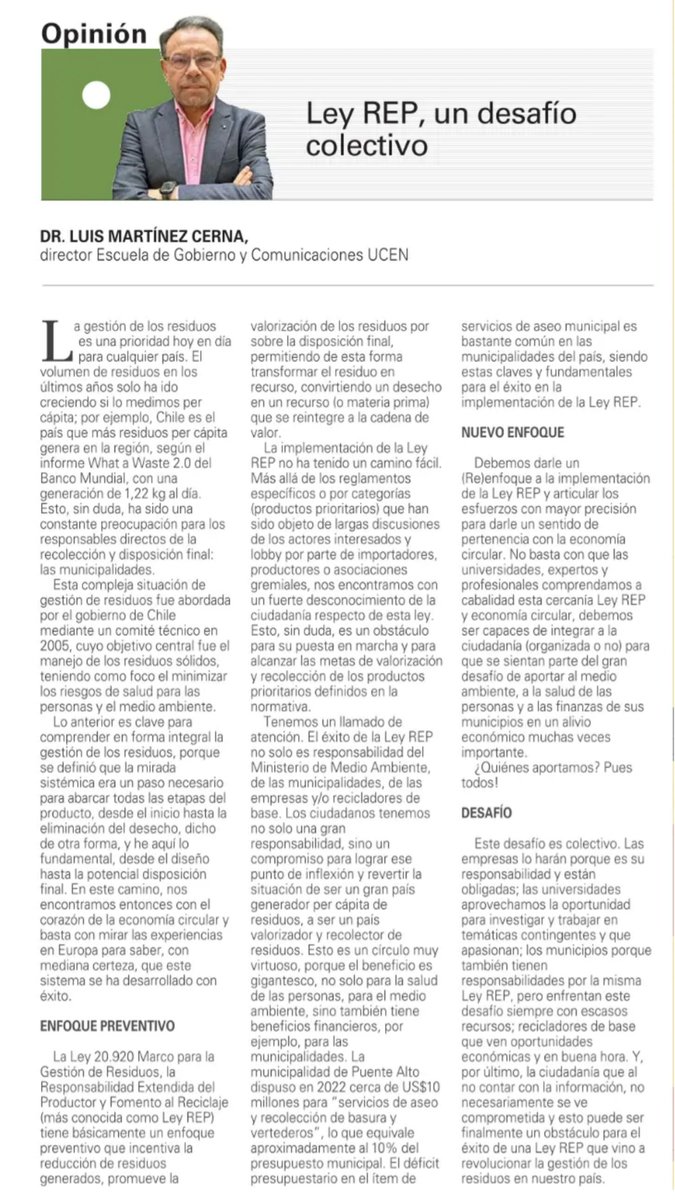 Compartimos columna del director de nuestra Escuela de Gobierno y Comunicaciones, <a href="/Luismartinezc/">Luis Martinez Cerna</a>, sobre Ley REP y economía circular 👇