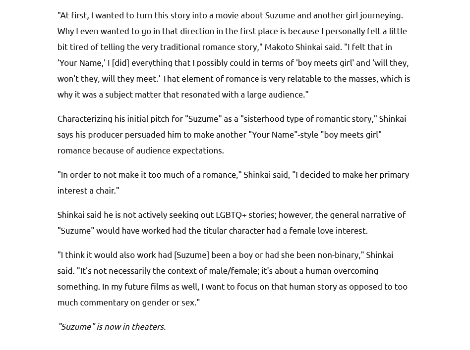 kallidorarho's tweet photo. HUH

well it sucks that the producers forced him to make it straight, but it's very good and encouraging to know that Makoto Shinkai is interested in queer stories. if he had his way, he'd have made a yuri movie!!
https://t.co/BeYx9GlPpA https://t.co/tjqZCxQ7Jw