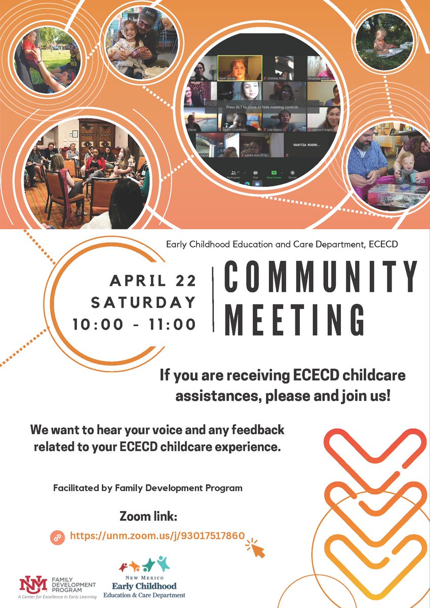 The <a href="/NewMexicoECECD/">New Mexico Early Childhood Education and Care Dept</a> wants to hear from you! 
If you participate in the childcare assistance program through the government agency called ECECD, please attend the virtual community meeting TOMORROW at 10am to give feedback on your experience with the childcare assistance program.