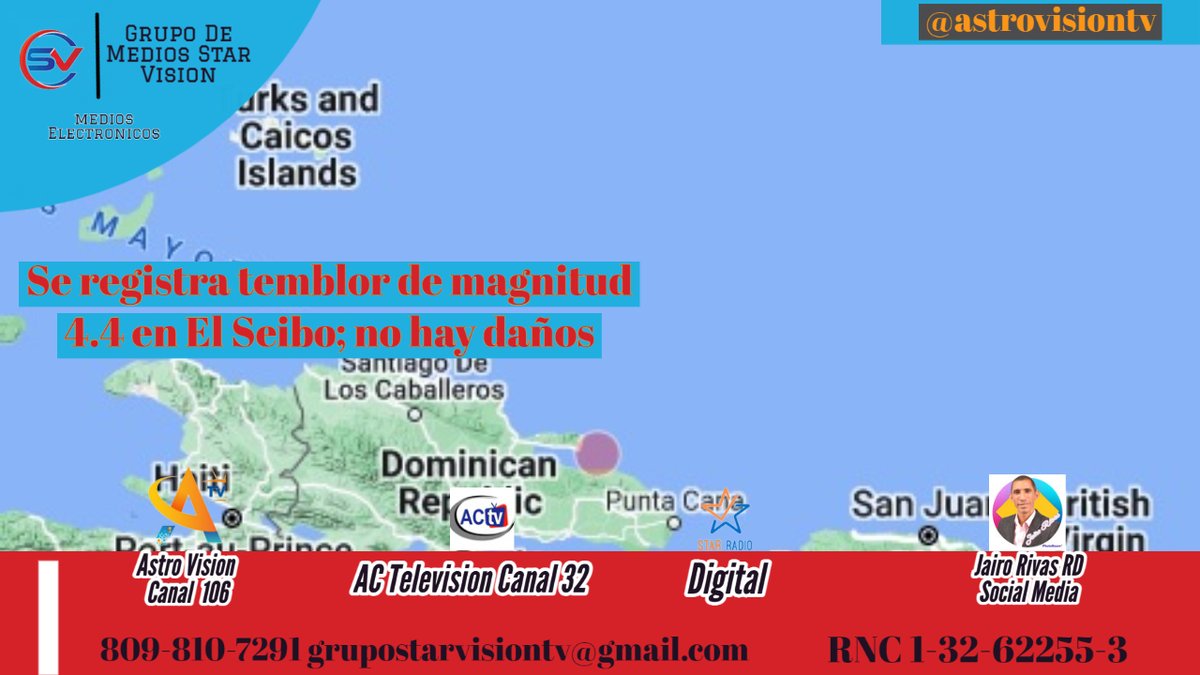 astrovisionTV's tweet photo. SANTO DOMINGO.- Un temblor de magnitud 4.4 se registró este viernes en El Seíbo, República Dominicana.

Por el momento, las autoridades no han reportado daños a causa del sismo. https://t.co/MaPC0iyr1i