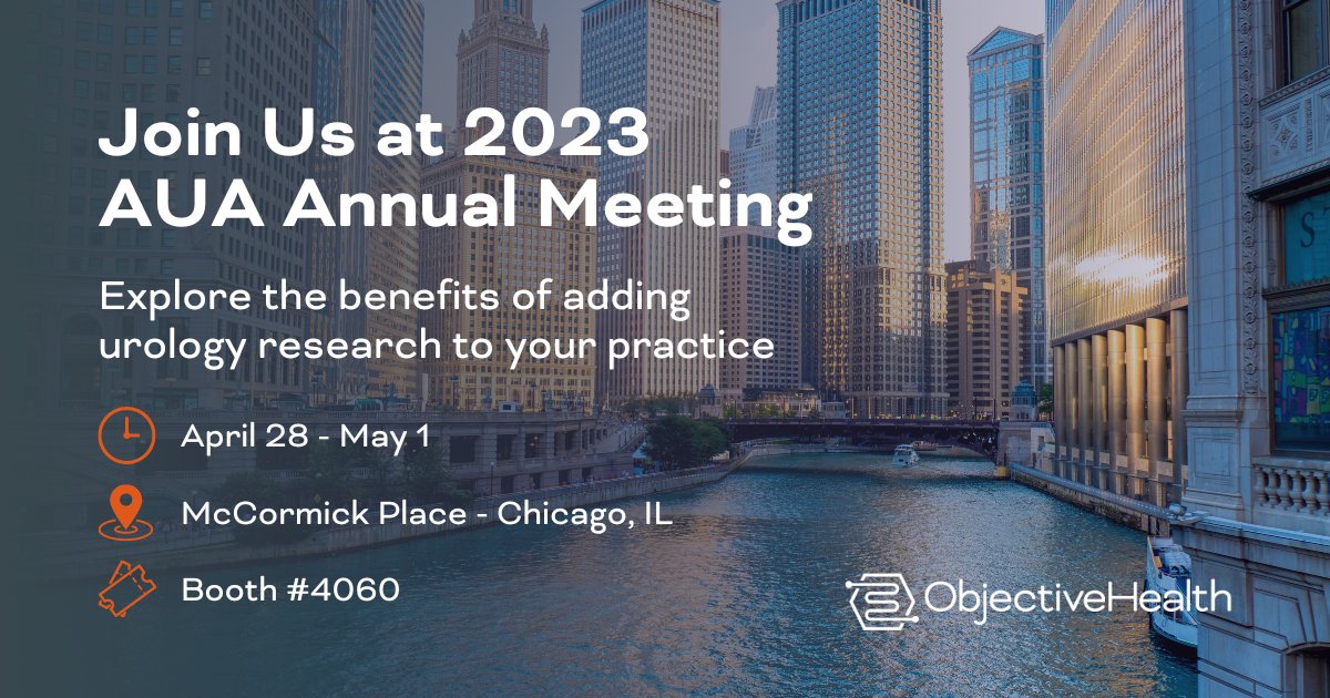 Objhealth's tweet photo. Heading to #AUA23 next week? Stop by booth #4060 to connect on how our joint research programs offer unparalleled access to cutting-edge treatment options for #urology practices + their patients.

To schedule time with our team email info@objective.health. See you all in Chicago! https://t.co/HjeUf4NiqL
