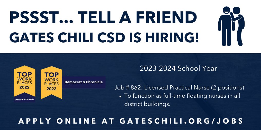 Gates Chili is looking for TWO Licensed Practical Nurses for next school year. 

Apply: gateschili.org/jobs 

#TopWorkplace #GCPride.