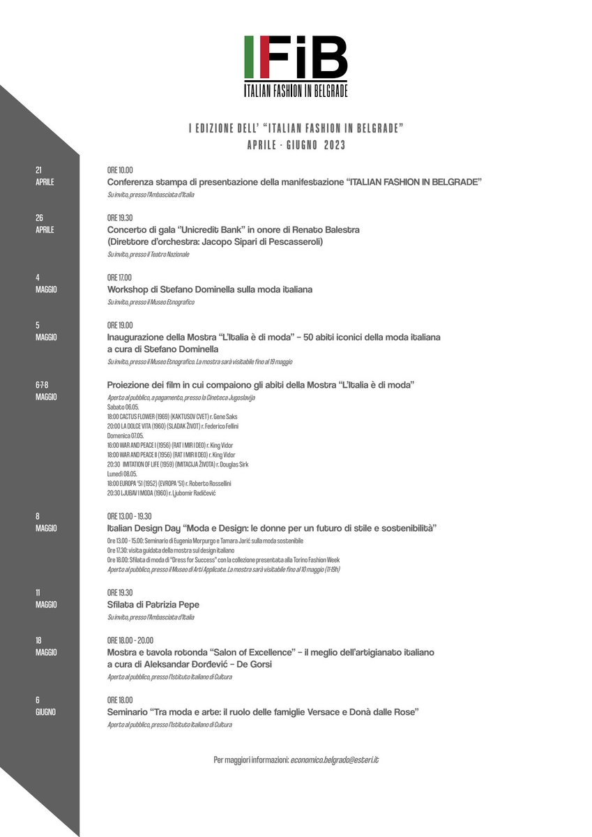 gori_luca's tweet photo. Dal 26 aprile al 6 giugno il primo Italian Fashion in Belgrade #ifib porterà a Belgrado la moda #MadeinItaly con #sfilate, #workhops, #mostre, #seminari. Un programma ricco di eventi per presentare in Serbia le diverse chiavi di lettura della moda 🇮🇹. Qui il programma 👇 https://t.co/VqOWOU4Mml