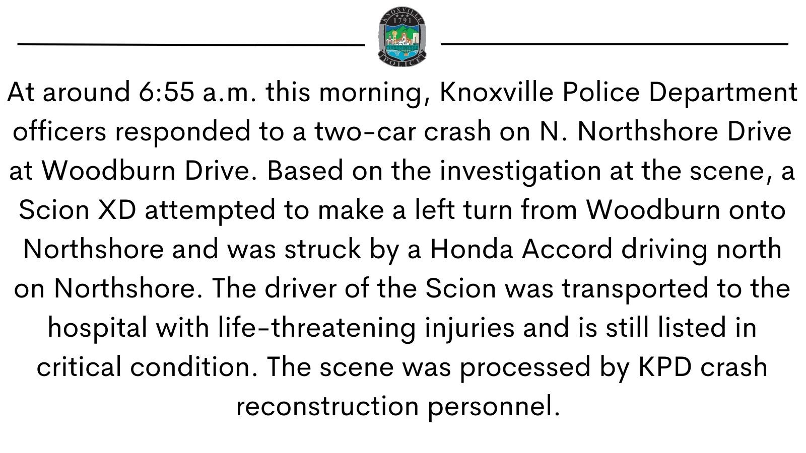 Knoxville Police TN on Twitter "TRAFFIC ALERT N. Northshore Drive is