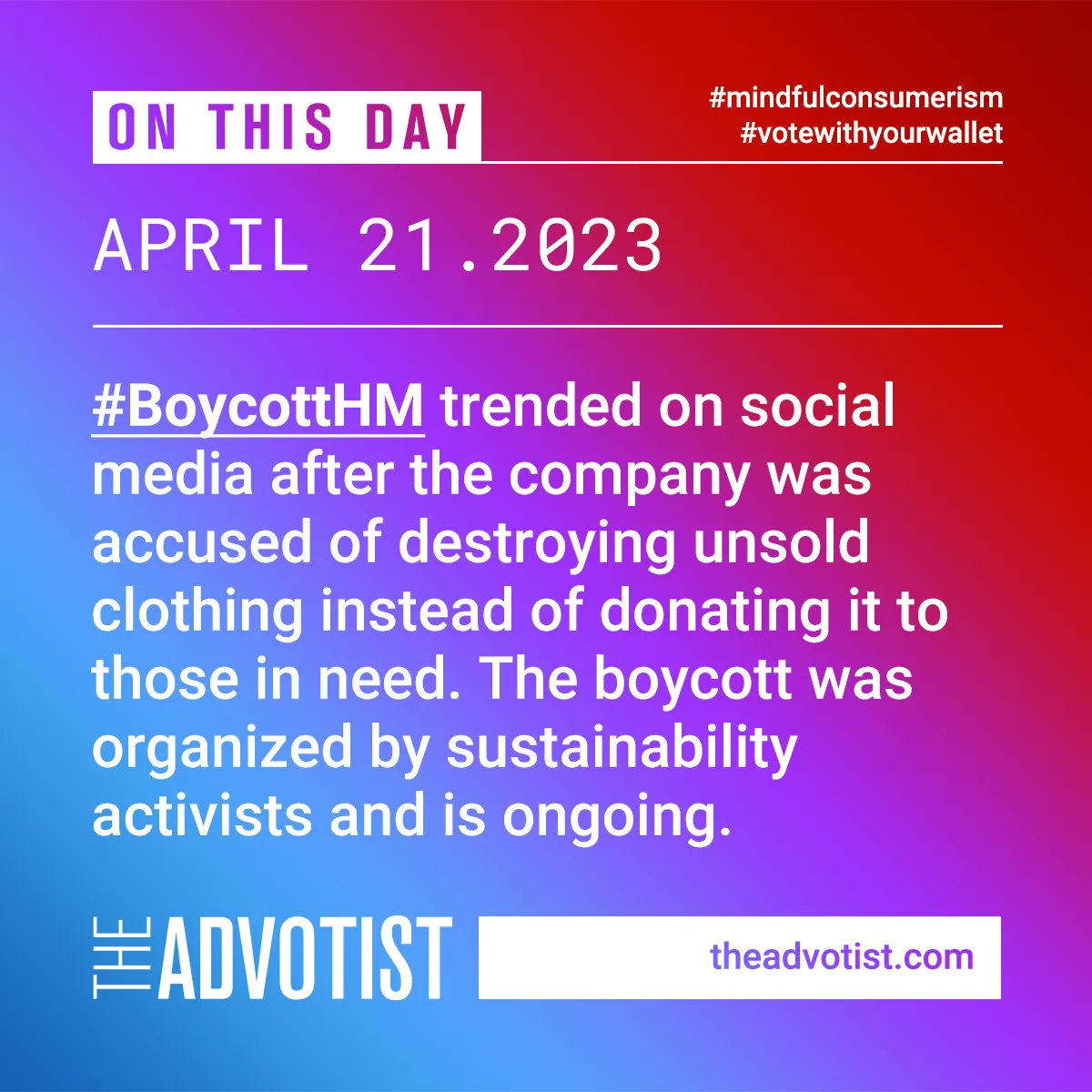 theadvotist's tweet photo. #BoycottHM trended for destroying unsold clothing instead of donating it. Visit https://t.co/7iE45k5TUV for more.Let's hold companies accountable and work towards a more just world. #sustainability #ethicalbusiness #responsibility #otd #OnThisDay #theadvotist https://t.co/qHJ12bQp6j