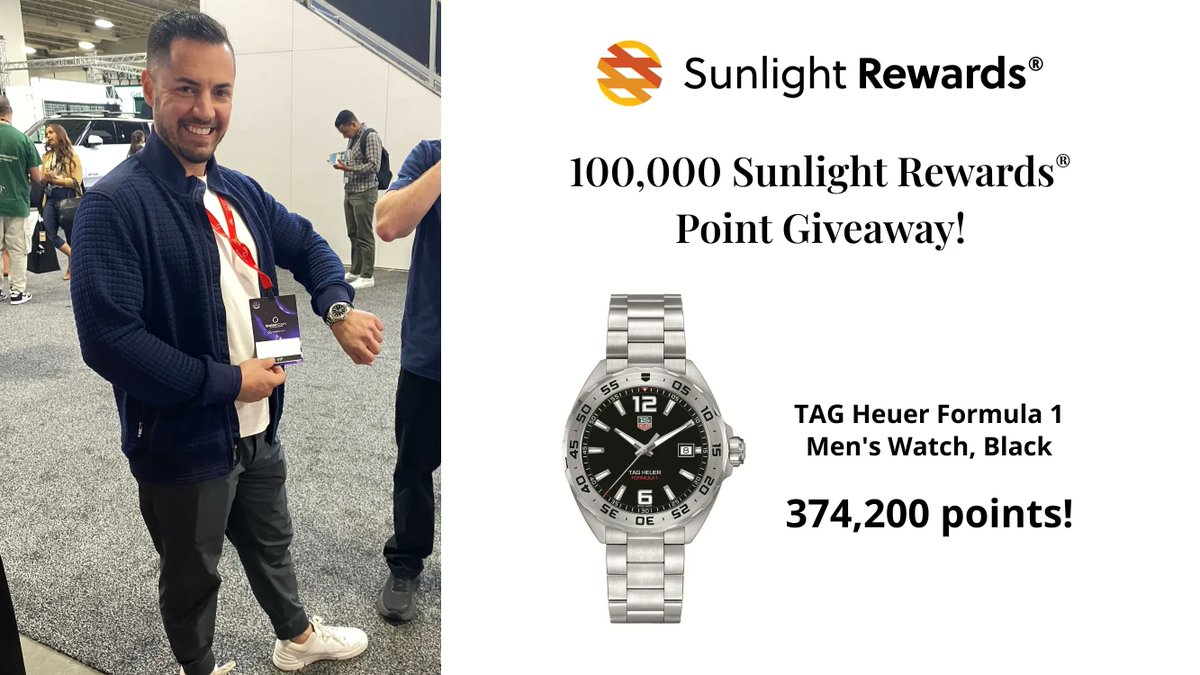 SunlightLoans's tweet photo. One of our awesome partners stopped by our booth to flash his TAG watch that he got with his Sunlight Rewards® points 👏 Stop by booth 120 at #SolarCon to enter our 100,000 point Sunlight Rewards® giveaway! https://t.co/i6tYTVJrs3
