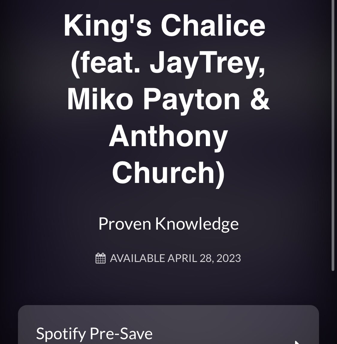 prvnknwldge's tweet photo. Our next single “King’s Chalice” featuring @jaytrey42 &amp; @MikoPayton drops next Friday 4/28!

Produced by @ant_church24 🙌

Spotify pre-save it via the link in our bio &amp; right here 👉 https://t.co/BC9v1YbXuz

#newsingle #provenknowledge #creativecollective #newcollabs #newmusic https://t.co/hAQLKqfn2f