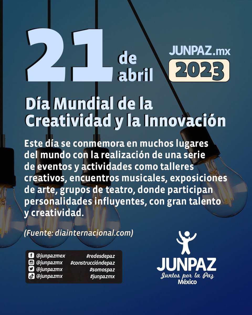 junpazmx's tweet photo. Es un día para reconocer la importancia de la creatividad y la innovación en nuestras vidas y en el mundo. ¡Celebremos nuestra capacidad de imaginar, crear y transformar! 
.
.
.
.
.
.
.
.
 #Creatividad #Innovacion #Transformacion
#redesdepaz #somospaz #juntosporlapaz #abril2023 https://t.co/htKkEAkbdV