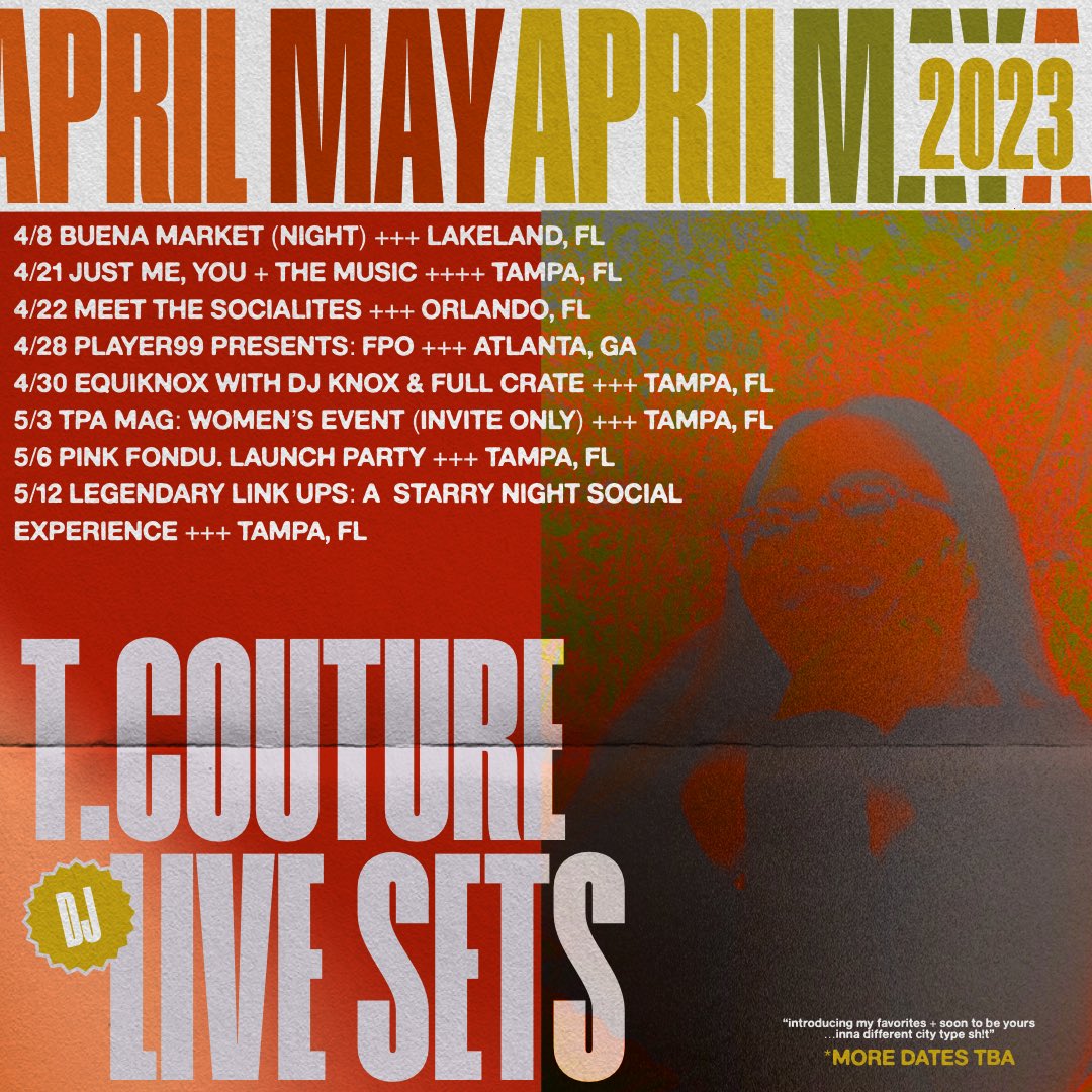 tempesttcouture's tweet photo. APRIL + MAY ✴️✨ backoutside for the remainder of this month + next! March Madness was incredible, i say we run it back, yeah?! i’ll be spinning in ORL this upcoming weekend, ATL next and even bringing it back home for a few dates with some really cool things that’s happening! 😘 https://t.co/srdIAvEOH9
