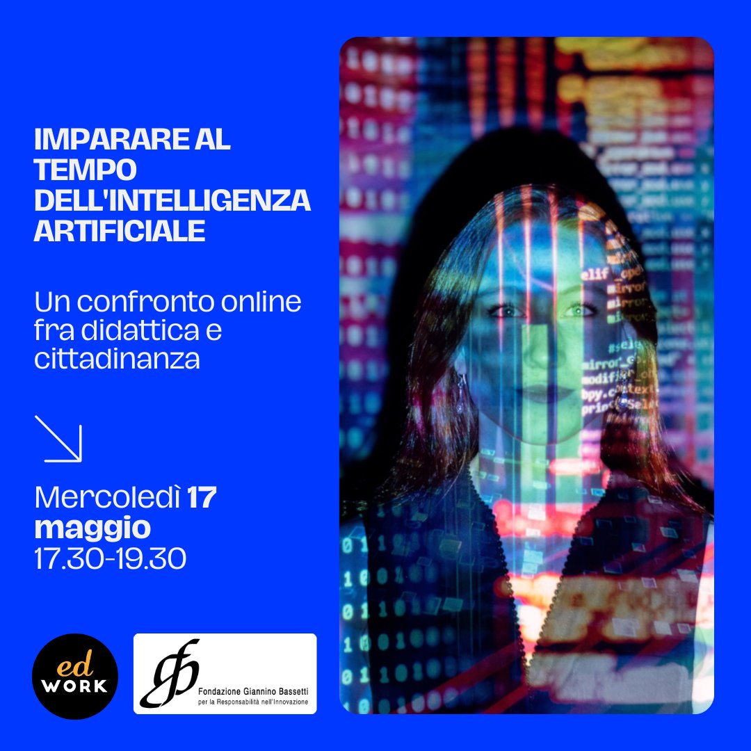 FGBassetti's tweet photo. Imparare al tempo della #AI
Oltre alle tante paure, quali le potenzialità che l’intelligenza artificiale può aprire per i processi di apprendimento?
Riflessioni e esperienze sul campo 17/5 h17:30 online.
#educazione #apprendimento #responsabilità #innovazione #scuola https://t.co/tkPhC0pVky
