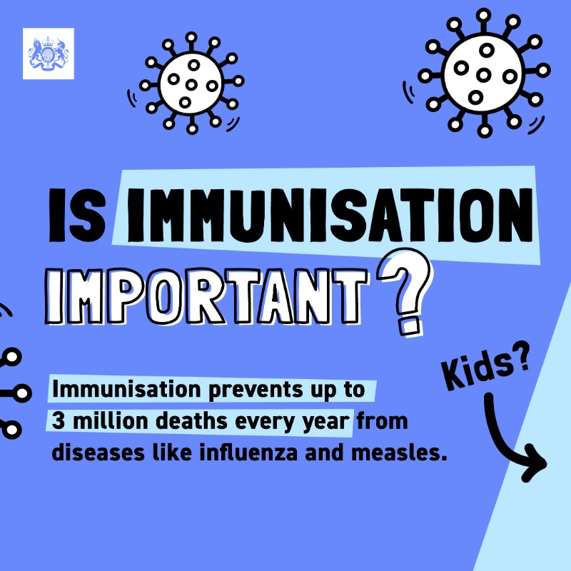 DHSCgovuk's tweet photo. Vaccination is the best way to protect ourselves and our children against serious infectious diseases.

It's important that vaccines are given on time - but if you or your child have missed one, contact your GP to catch up.

#WorldImmunisationWeek #VaccinesWork

More 🔽