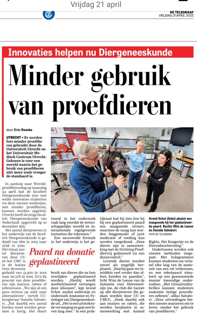 EricRoeske's tweet photo. 'Minder gebruik van proefdieren'. 
Faculteit Diergeneeskunde @UniUtrecht @UMCUtrecht legt uit - in aanloop naar Wereldproefdierendag - hoe dat kan. 
In #Telegraaf_Utrecht https://t.co/b18FmUMtb2