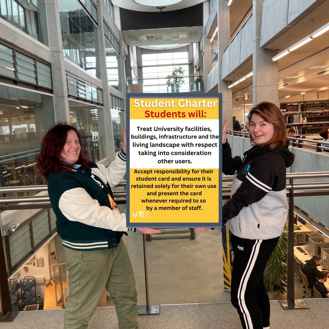 setulibraries's tweet photo. Wiktoria and Eleanor from #SETUIreland Carlow Campus #StudentUnion with a reminder from the #StudentCharter on using the University buildings and the requirements related to student cards. #SETULibraries🤫👍 @SETUIreland https://t.co/2h95QPz7IC