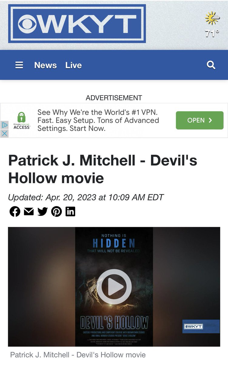 devilshollow01's tweet photo. Check out Patrick J Mitchell on @wkytnews talk about Devil’s Hollow! Devil’s Hollow will be released May 1st on Amazon, Vudu, &amp; more! #devilshollowmovie #filmpremiere #itsgonnabemay #amazonvideo #streaming                        
https://t.co/236s4v9NtX https://t.co/gJddjlNoBJ