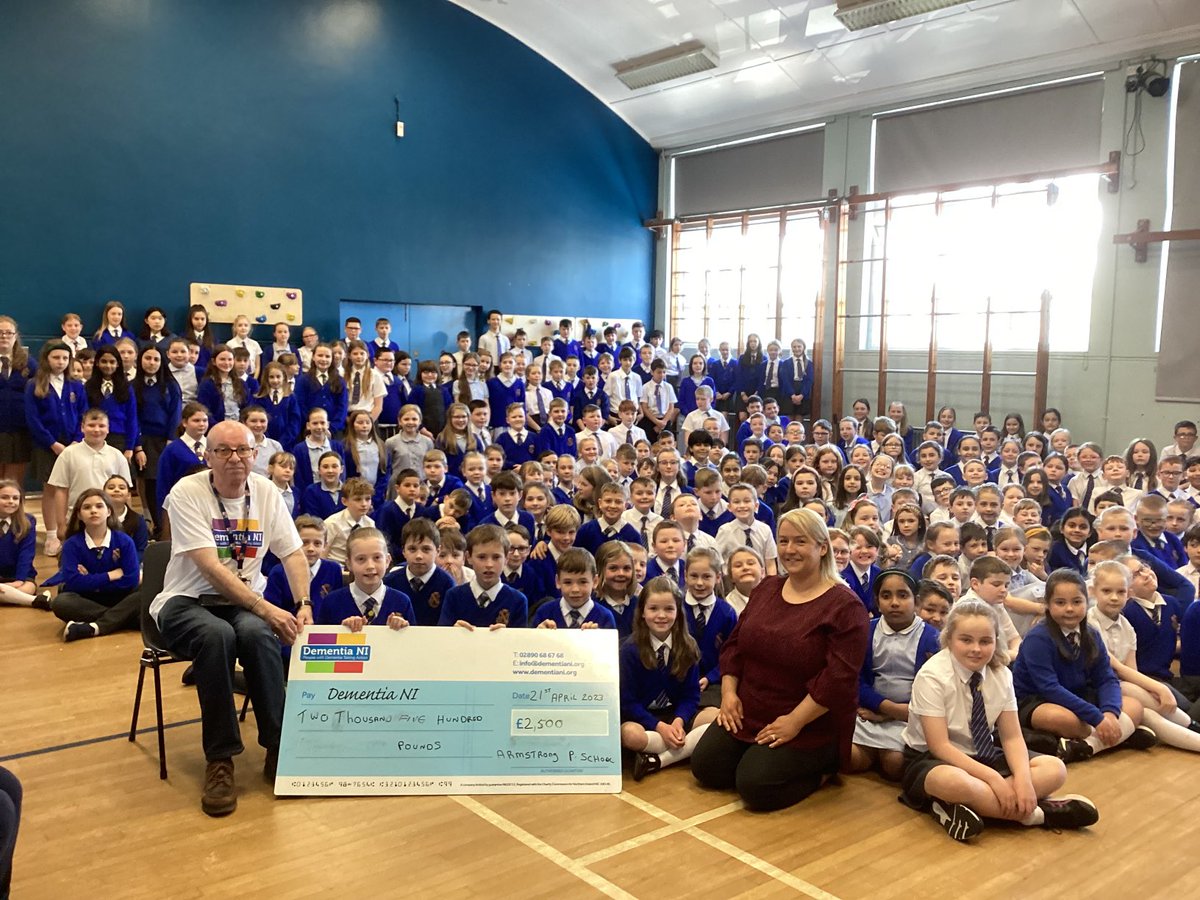 thearmstrongps's tweet photo. Delighted to present a cheque for £2,500 to Brian Patterson from Dementia NI - proceeds from our “Dance For Dementia” day on 29 March. Thanks to everyone who donated with such generosity to this very worthy cause. Thanks also to Mrs Ratcliffe for organising the charity day. https://t.co/1Swzj8ZVG1