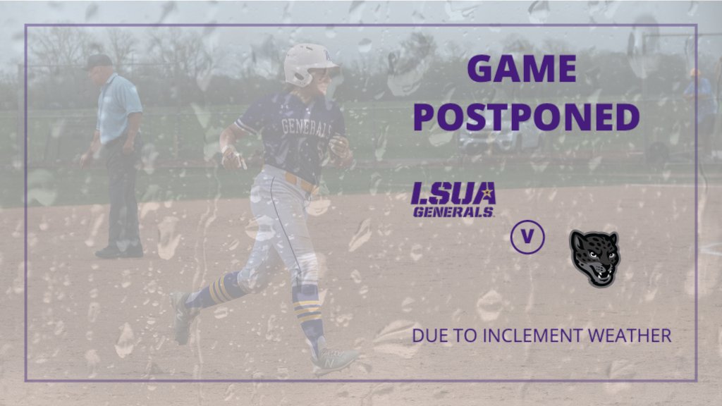 LSUA_SB's tweet photo. UPDATE: The match up between the Generals and Texas A&amp;M San Antonio that was schedule to start at 12 PM has been pushed back due to weather and field conditions. Generals are still hoping to play later today, more updates to come! https://t.co/bz088VSWrt