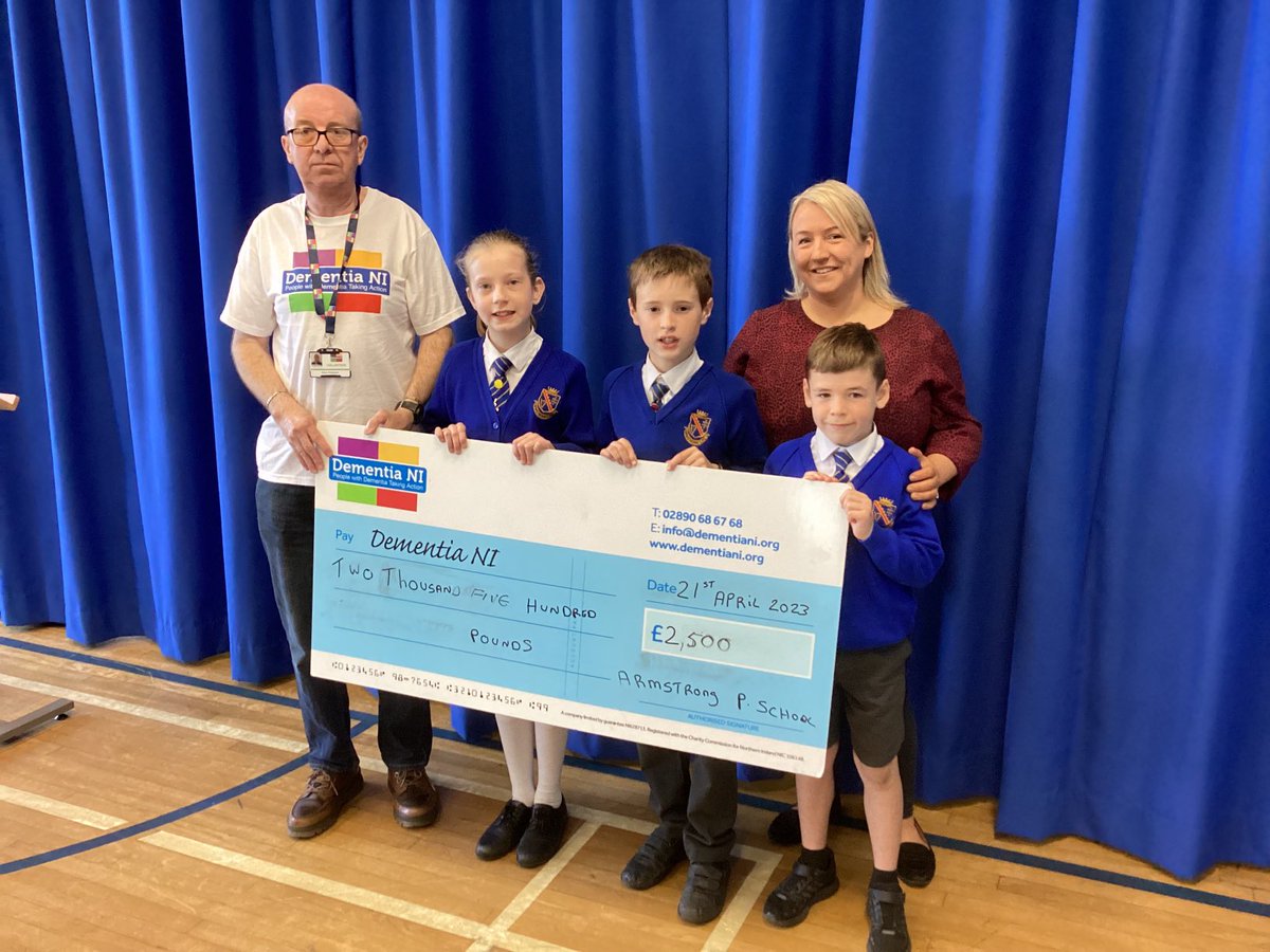 thearmstrongps's tweet photo. Delighted to present a cheque for £2,500 to Brian Patterson from Dementia NI - proceeds from our “Dance For Dementia” day on 29 March. Thanks to everyone who donated with such generosity to this very worthy cause. Thanks also to Mrs Ratcliffe for organising the charity day. https://t.co/1Swzj8ZVG1