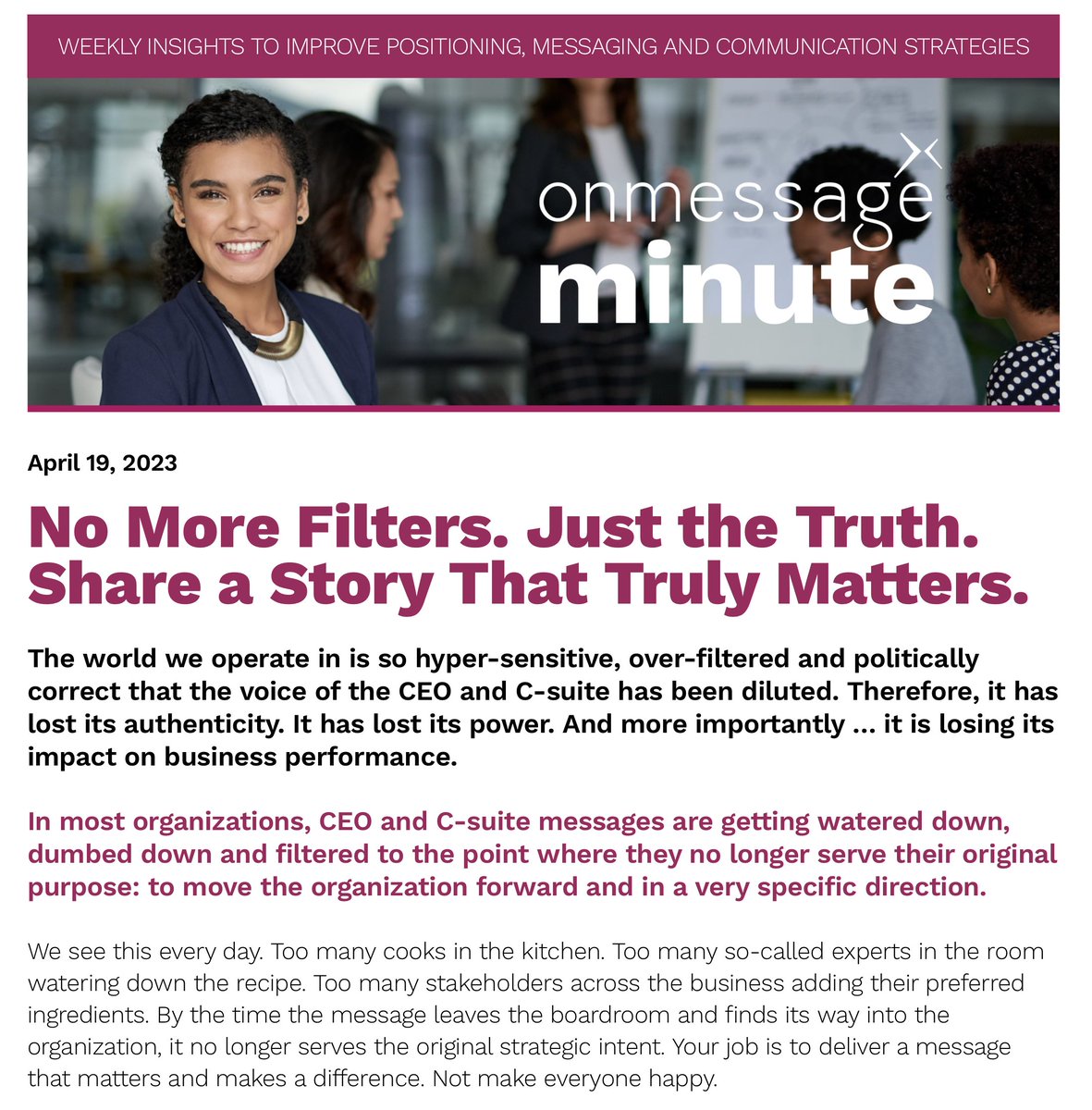 Did you miss this week's OnMessage Minute?

Don't miss another one. Register for free and receive it in your inbox every Wednesday...

lnkd.in/eQnd_TG

You can also catch this week's edition online: lnkd.in/g_6XT8hF