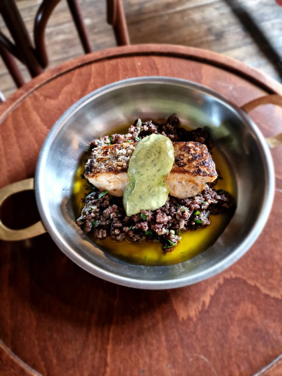 On the special boards at 5! Delicious Hake fillet with morcilla black pudding and chive and dill alioli