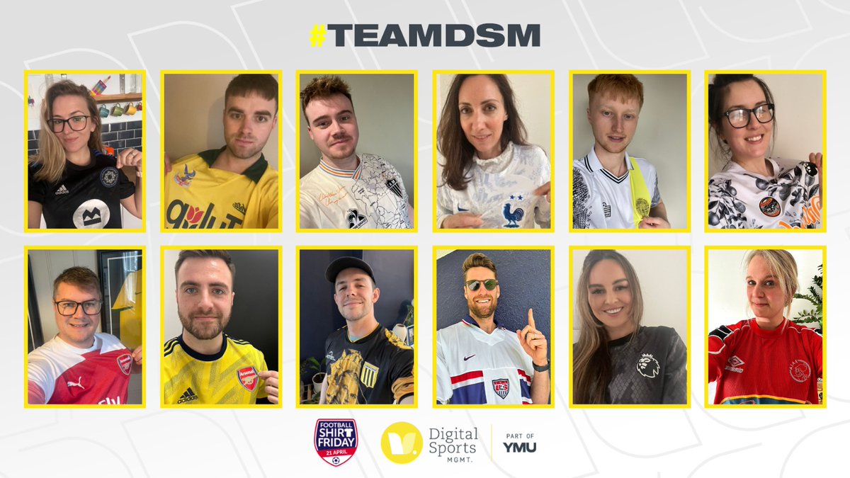 digisportsmgmt's tweet photo. #TeamDSM are wearing our favourite football shirts for #FootballShirtFriday ⚽️

Join the squad by wearing your own and donate a fiver to the Bobby Moore Fund to support life-saving bowel cancer research. Use our link to donate 👇

https://t.co/DCFVboUy6F 

@CR_UK @YMUFootball https://t.co/XHiM68ltUE