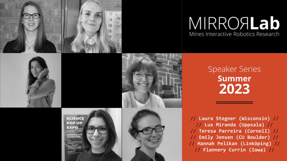The MIRRORLab is excited to announce the speakers for our Summer 2023 Speaker Series!

Over the summer, we’ll be hearing from each of these students, and showcasing their work.

Lauren Stegner / <a href="/LuminantLux/">Lux Miranda</a> / <a href="/mteresaparreira/">Maria Teresa Parreira</a> / Emily Jensen / <a href="/hannah_pelikan/">Dr. Hannah Pelikan💙💛</a> / <a href="/CurrinFlannery/">Flannery Currin</a>