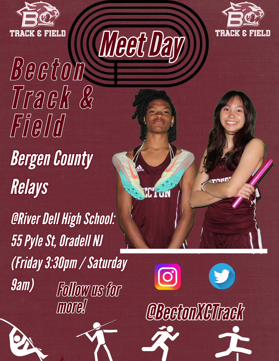 BectonXCTrack's tweet image. It’s Meet Day!! Today and tomorrow the Becton Track &amp;amp; Field teams will be heading to River Dell HS to compete in the Bergen County Relay Championships. Let’s Go Wildcats!! #BectonsBest #GoCats #BectonTrackandField @BectonHS @BectonAthletics