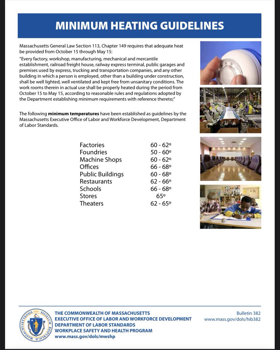 CoreyPalmer3's tweet photo. Posting this PDF from UMass EHS since we were told that the heat won’t be turned on even though our office is 62 and today is the warmest day for the next week (with lows getting into the mid 30s) :) https://t.co/2VsBDLXmdt