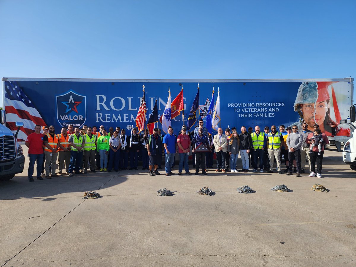 DvilleJROTC's tweet photo. Honored to present/retire the colors of all service branches at the PEPSICO Rolling Rembrance stop today. Drivers  transport a BATTLE flag across the USA to raise college funds for the children of fallen service members. @DHS_Leader @dvilleCTE @DuncanvilleISD @PepsiCo https://t.co/K6Z6U8FhU5
