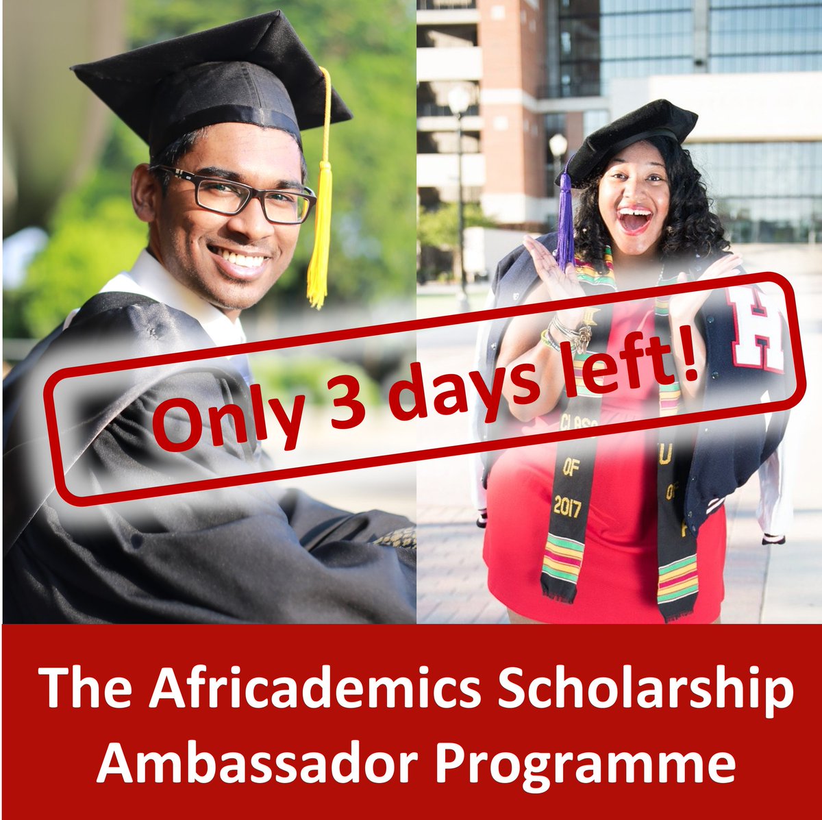 Only 3 days left to apply for the 2023 #Africademics Scholarship #Ambassador Programme! Join our free 4-month online course and become a qualified #scholarship mentor 🎓🔥 Apply here: bit.ly/41OtTGY

#africa #studyabroad #education #university #college #fellowship