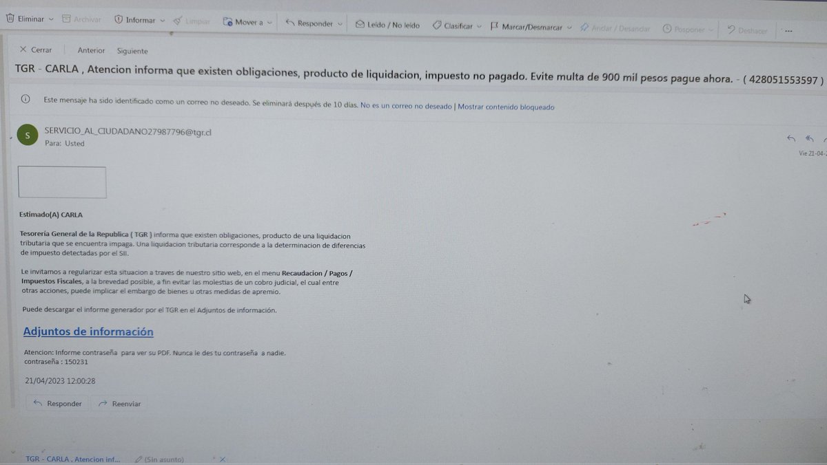 Me acaba de llegar este correo ciertamente fraudulento....ojo <a href="/tgrchile/">Tesorería General de la República</a> que utilizan su nombre. No hagan click en ningún enlace de estos correos chantas.😡