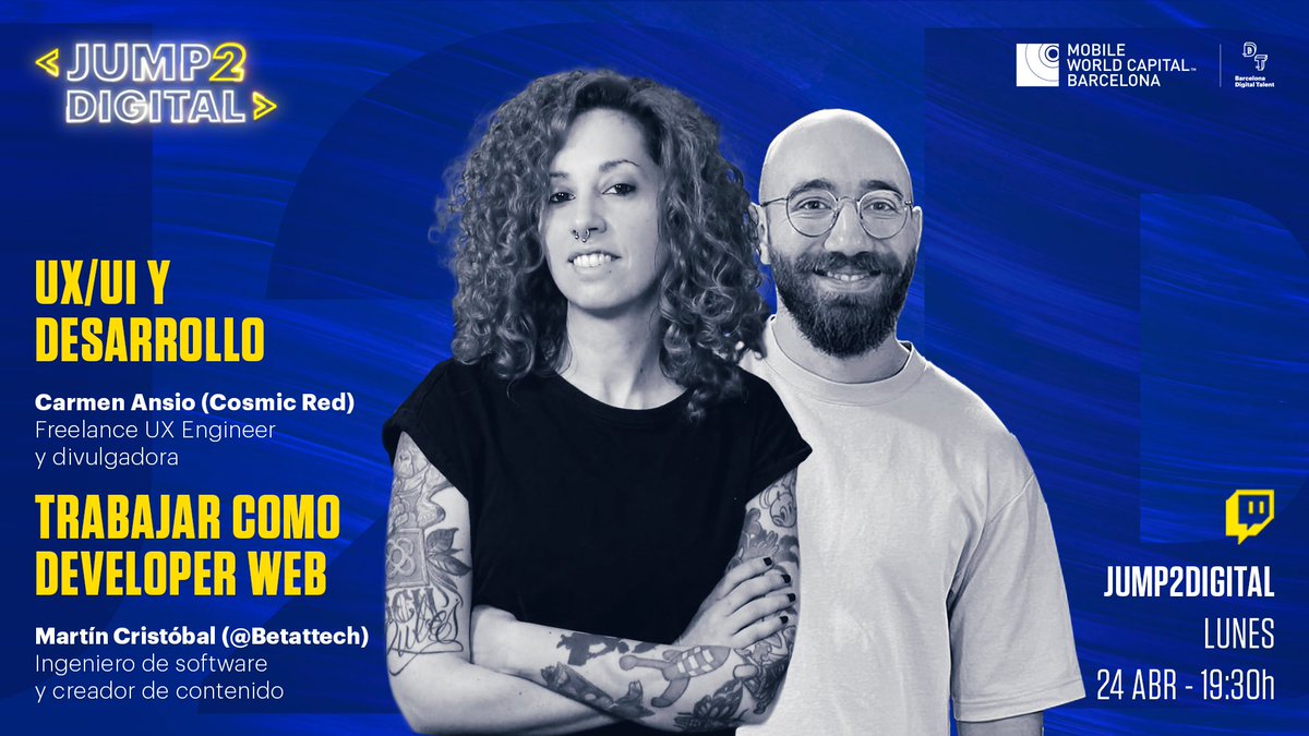 BDTalent's tweet photo. ‼️ El lunes 24/04 a las 19:30h en #Twitch: 

🎙️Aprenderemos sobre #UX #UI y desarrollo con @carmenansio, Freelance UX Engineer

💣La verdad sobre la carrera profesional de developer con @BettaTech: habilidades, trabajo en equipo, networking y ¡más!

📲https://t.co/QUkWXbGouG 👇 https://t.co/7Hy6f3yv3F