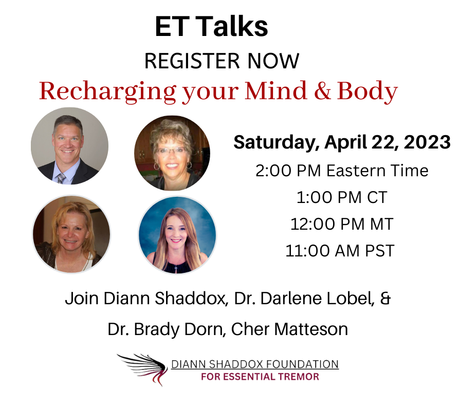 Diann_Shaddox's tweet photo. Only a few lifestyle choices have as large an impact on your health as physical activity. #ETtalks Sat April 22, 2:00 pm ET Zoom https://t.co/eAAJFq6csp or Livestream https://t.co/VBQ5fDi6CT #health #essentialtremor #teamdsf @et_dsfoundation https://t.co/NtGktMABAX