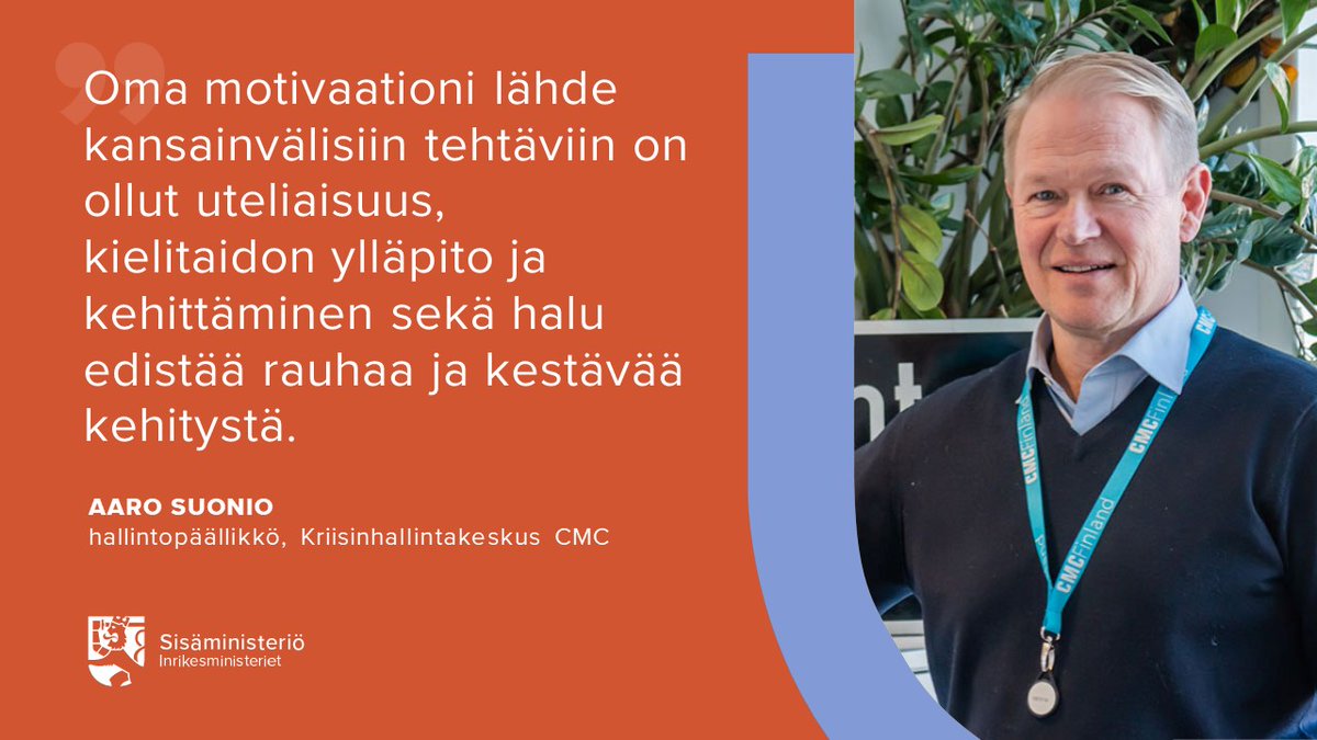.<a href="/AaroSuonio/">Aaro Suonio MBE</a>: Myös negatiivisten asioiden kokeminen on vain vahvistanut käsitystäni siitä, että pitää jaksaa ylläpitää visiota demokratiasta, ihmisoikeuksista ja globaalista oikeudenmukaisuudesta <a href="/CMCFinland/">CMC Finland</a> 

#siviilikriisinhallinta #ValtiollaTöissä

intermin.fi/ministerio/sis…