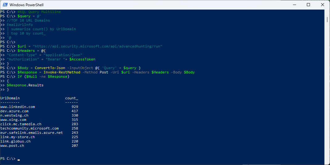 andresbohren's tweet photo. 🚀 How to use #PowerShell to Invoke #AdvancedHunting #KQL Querys in #M365 #Defender. All the details in my Blog Article 📣
https://t.co/hiWMNljmYo https://t.co/dKrK6gm5ZI