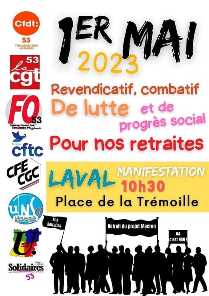 udcgt53's tweet photo. 🔴 Face au mépris du pouvoir et face à la régression sociale, nous devons faire de ce 1er mai unitaire une démonstration de notre force et de notre détermination. Toutes et tous ensemble jusqu'à la victoire ✊️  #JusquAuRetrait #reformedesretraites #1ermai https://t.co/veONCh5oBg