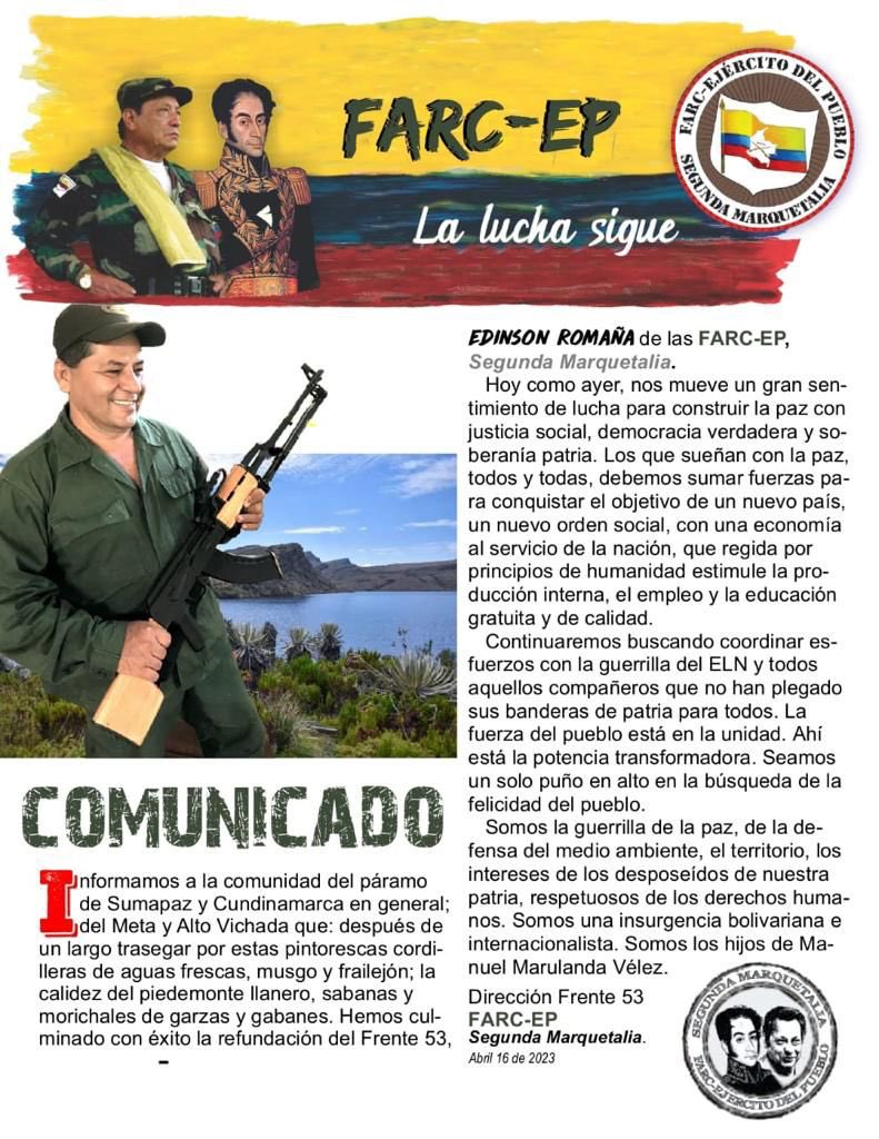 StephBatesPress's tweet photo. Las FARC ese grupo narcoterrorista que junto con políticos corruptos engañó a Colombia y al mundo, diciendo haber firmado La Paz y así dejar las armas y la guerra… sigue más vivo que nunca, tanto así, que hacen este tipo de comunicados, donde dicen que la lucha sigue, eso quiere decir que nunca acabó. La Paz no se construye asesinando, secuestrado ni extorsionando, no se quien les sigue creyendo ese discurso. Ahora Sumapaz, que tanto sufrió por estos terroristas, vuelven a despertar con el temor de su presencia. #DespiertaColombia No más engaños políticos.