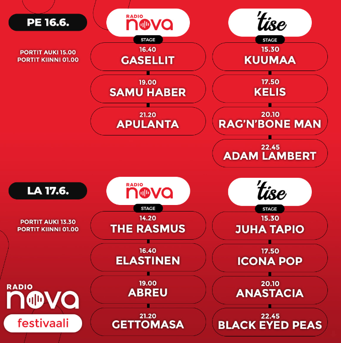 FinnishFollower's tweet photo. The schedule for #radionovafestivaali was just published. As was to be expected, Adam closes the festival on Friday. Him on stage at 11 pm at night on an early summer evening over here will be magical! #adamlambert #56daystogo https://t.co/o4rDyMZGIU