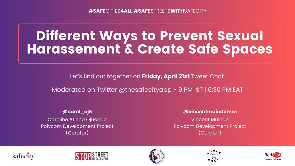 AishaRa51345681's tweet photo. Join us today at 6:30 pm as we engage on a crucial conversations on how to prevent sexual harrasment and creat a safe city.
@polycomdev
@TheSafecityApp
@voicetweetz
@nyasigoti
@woman_kind
@UNHABITAT
#safecities4All
#G_pende
#polycomspeaks https://t.co/s8Vijcz6Di