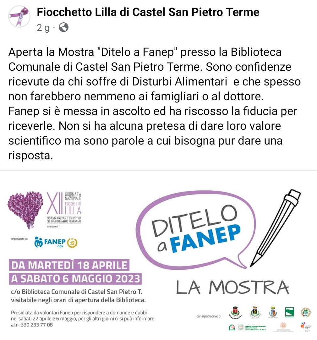 fanep_onlus's tweet photo. Prosegue la mostra "Ditelo a Fanep" presso la Biblioteca Comunale di Castel San Pietro Terme. Sono confidenze ricevute da chi soffre di Disturbi Alimentari e che spesso non farebbero nemmeno ai famigliari.
Vi invitiamo a visitarla negli orari di apertura della Biblioteca.
#fanep https://t.co/vkEOCLdQQw