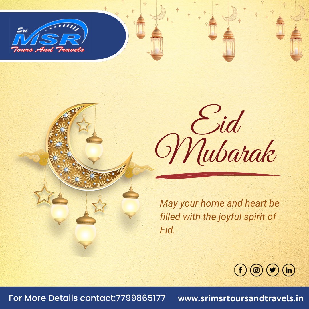 srimsrgroup's tweet photo. Eid Mubarak
may your home and heart be filled with the joyful spirit of Eid.
Sri MSR Tours and Travels provides the Best Tour Packages in Vizag.
A more regarding Way To Travel With Us !
Contact number: 7799865177
Website: https://t.co/YpECDSqITq
#TravelServices #msrtours # https://t.co/exQryt1OAt